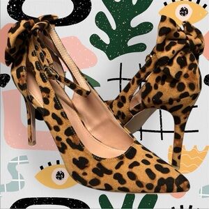 ZBY | Faux Suede Leopard Print Ankle Strap Bow Back Pointed Toe Heels